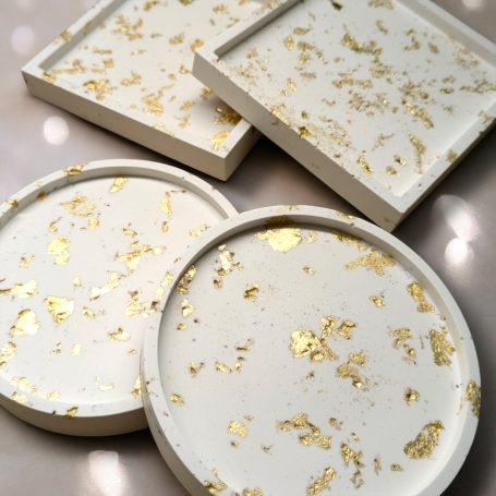 White with Gold Fleck Coasters, Handmade from Jesmonite, 2 Round, 2 Square, on a white background